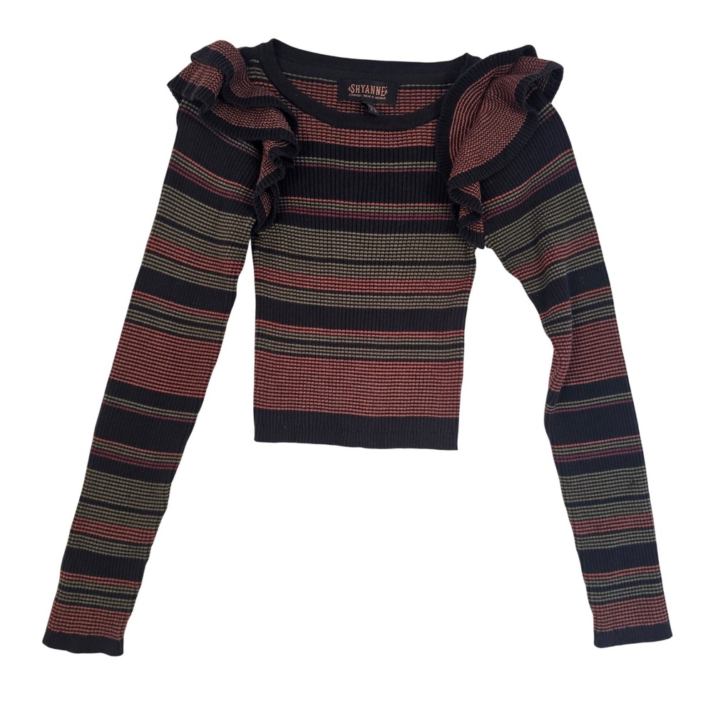 Shyanne Striped Ruffle Shoulder Long Sleeve Knit Top XS Rust Olive Black Boho